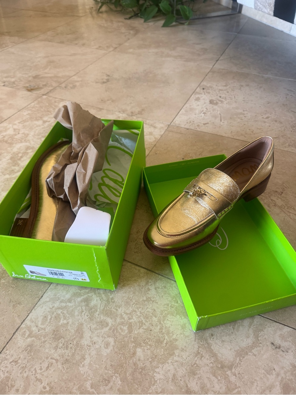 Women’s Sam Edelman Metallic Gold Leather Loafer with Chain Detail